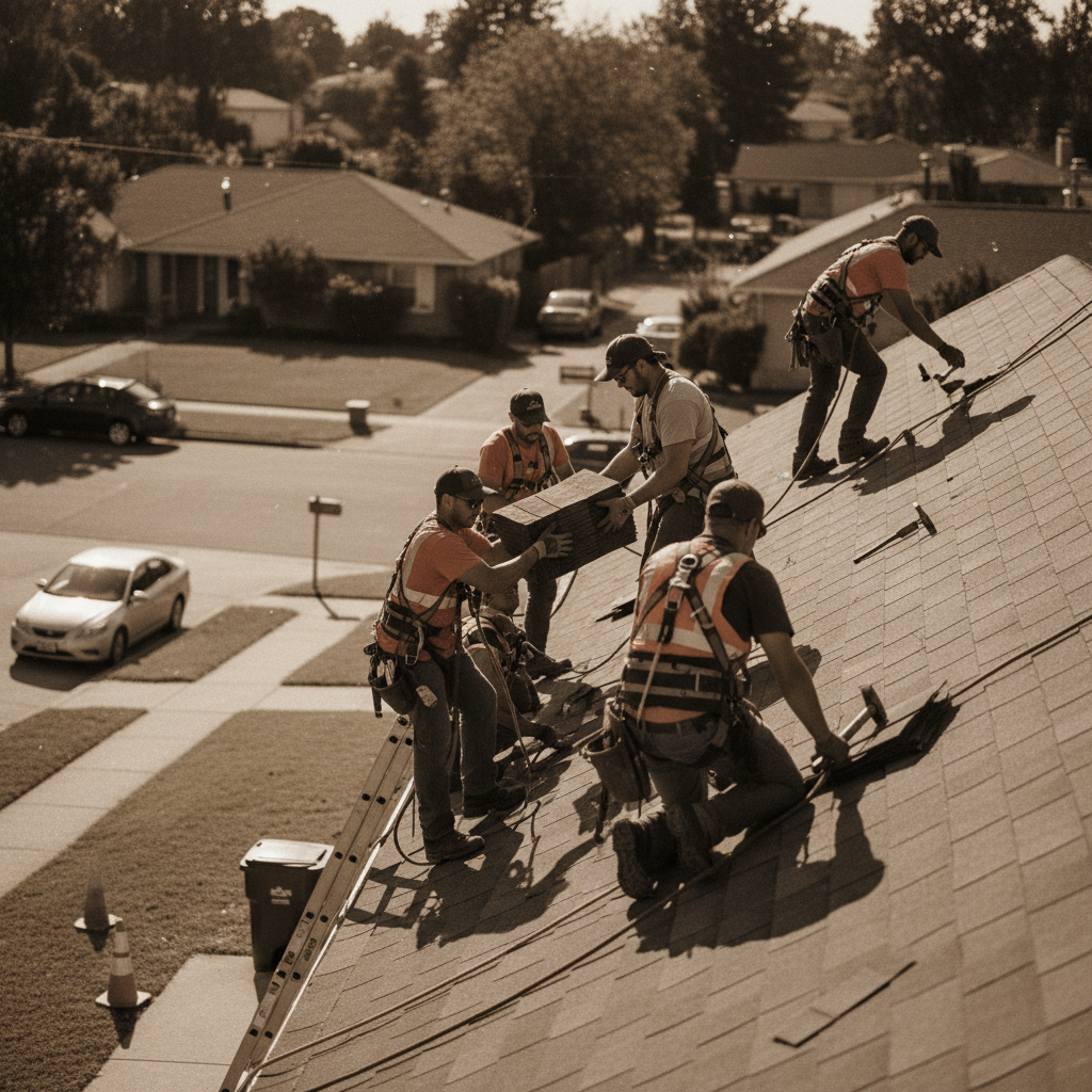 Five-person roofing crew on a residential rooftop, mid-afternoon, B&W documentary