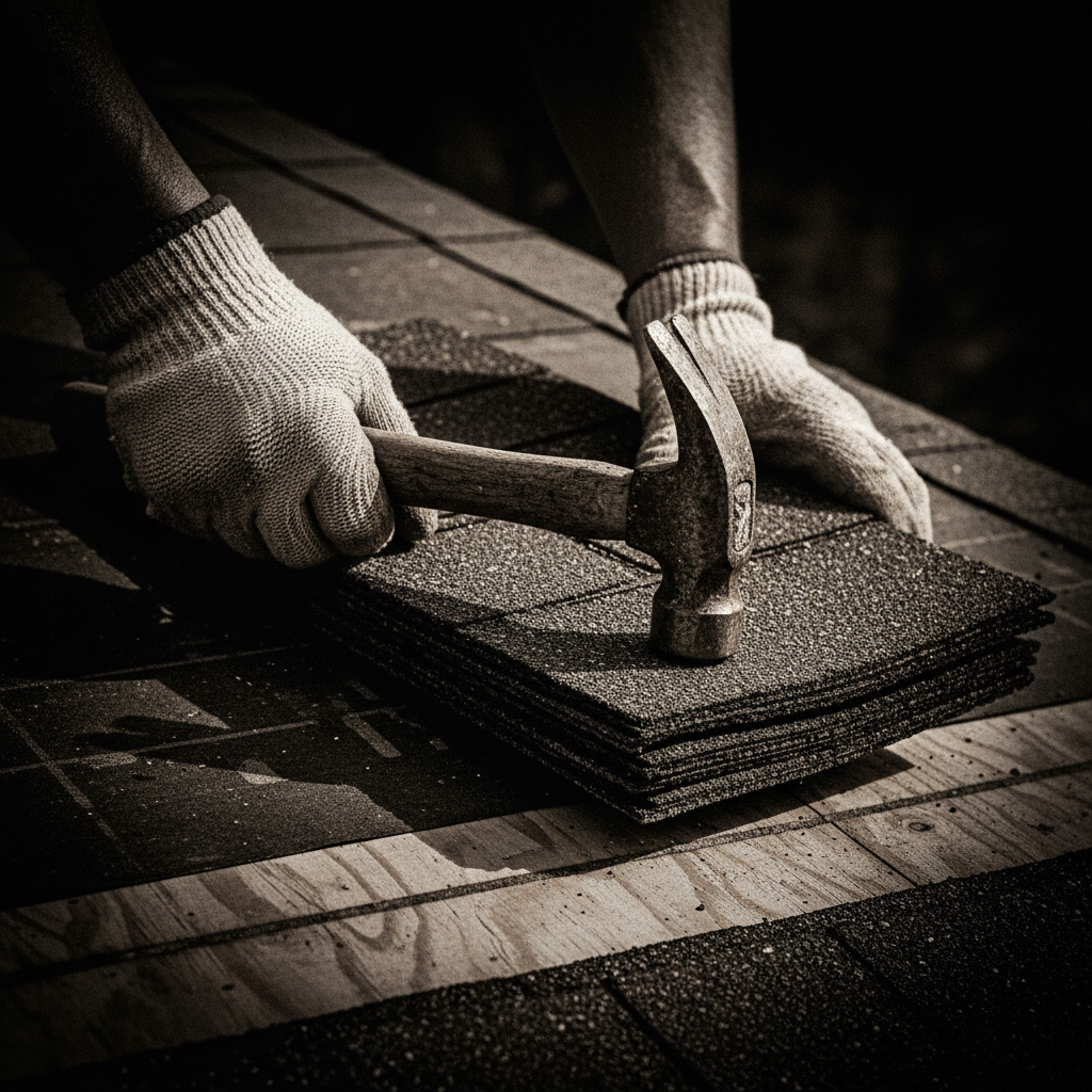 Roofer's gloved hands holding a hammer and shingles, vertical portrait, B&W documentary