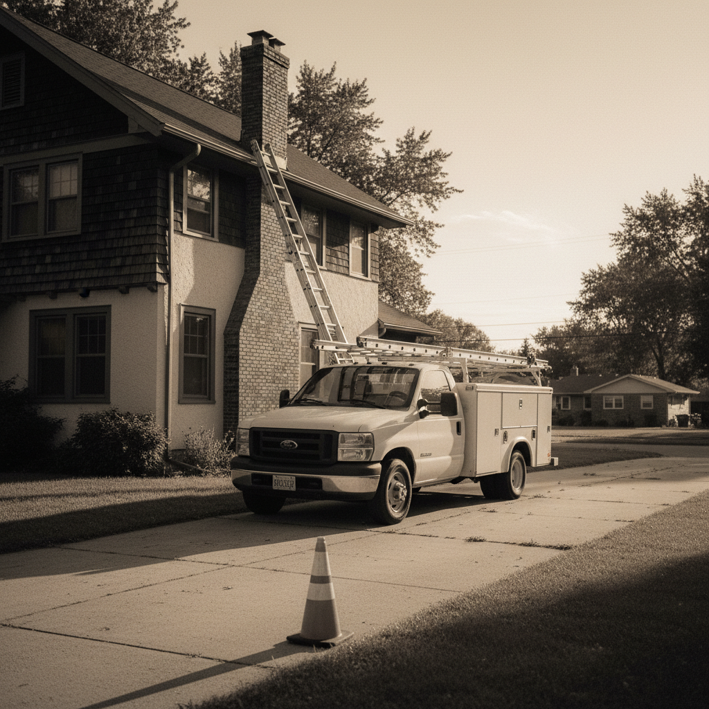 Branded Ridgeback service truck parked in a residential driveway with a ladder reaching the eaves