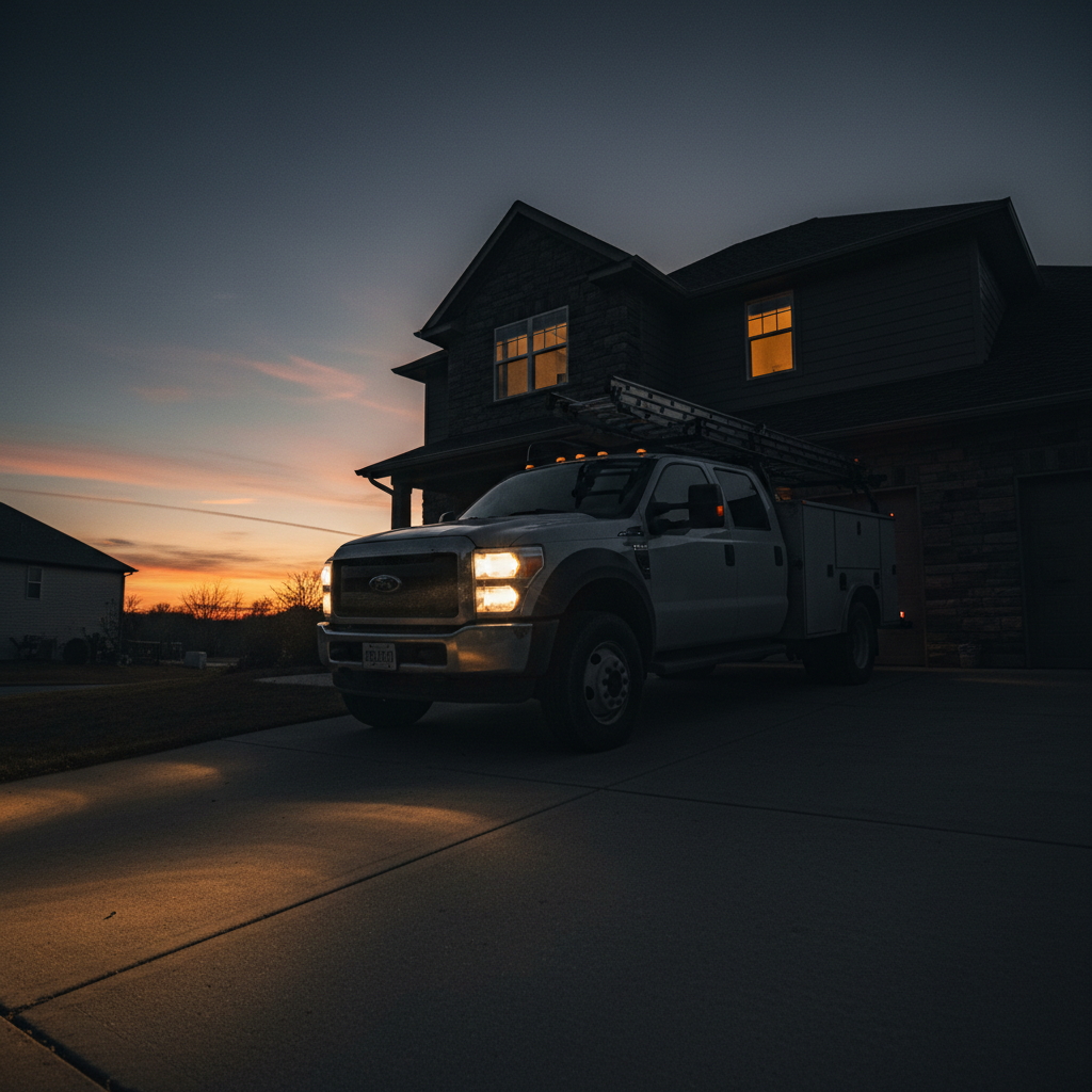 Service truck parked outside a house at dusk, headlights on, ladder strapped to roof — emergency response
