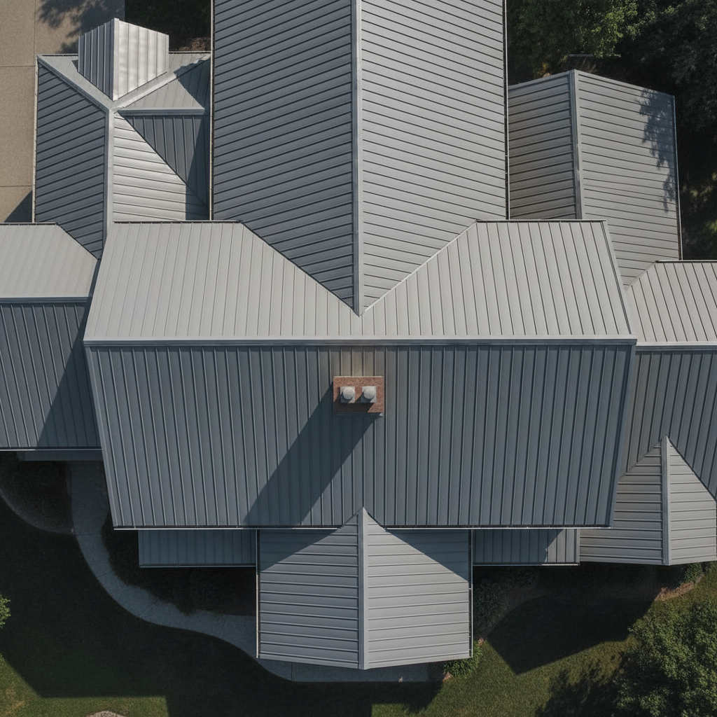 Aerial overhead view of a finished standing-seam metal roof on a colonial home