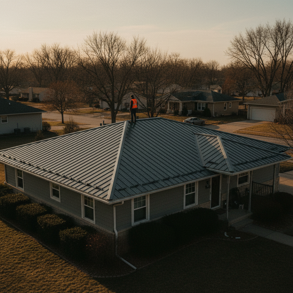 Newly installed metal standing-seam roof on a residential home, late afternoon raking light, B&W documentary style