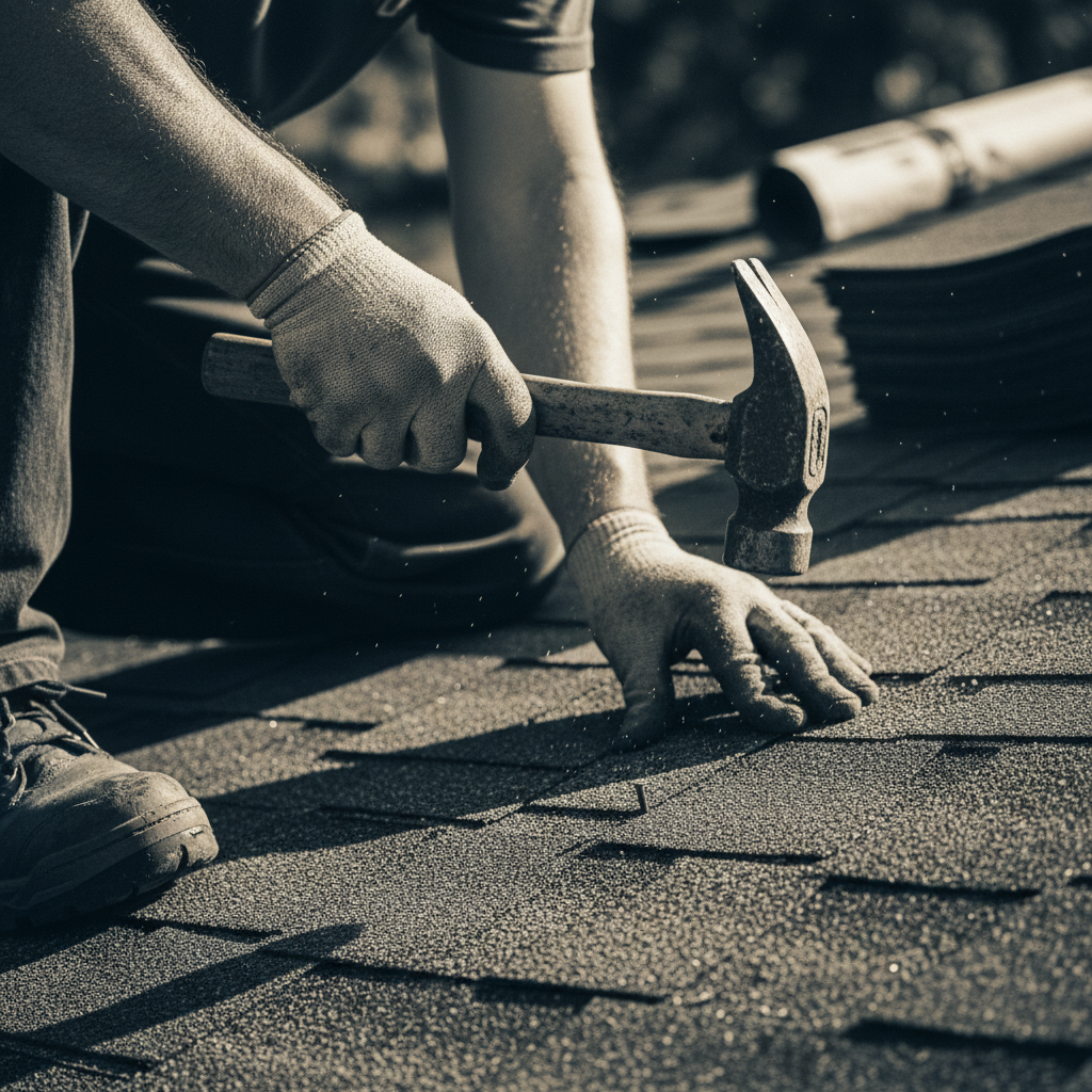 Roofer kneeling, hammering an asphalt shingle into place, close documentary photograph