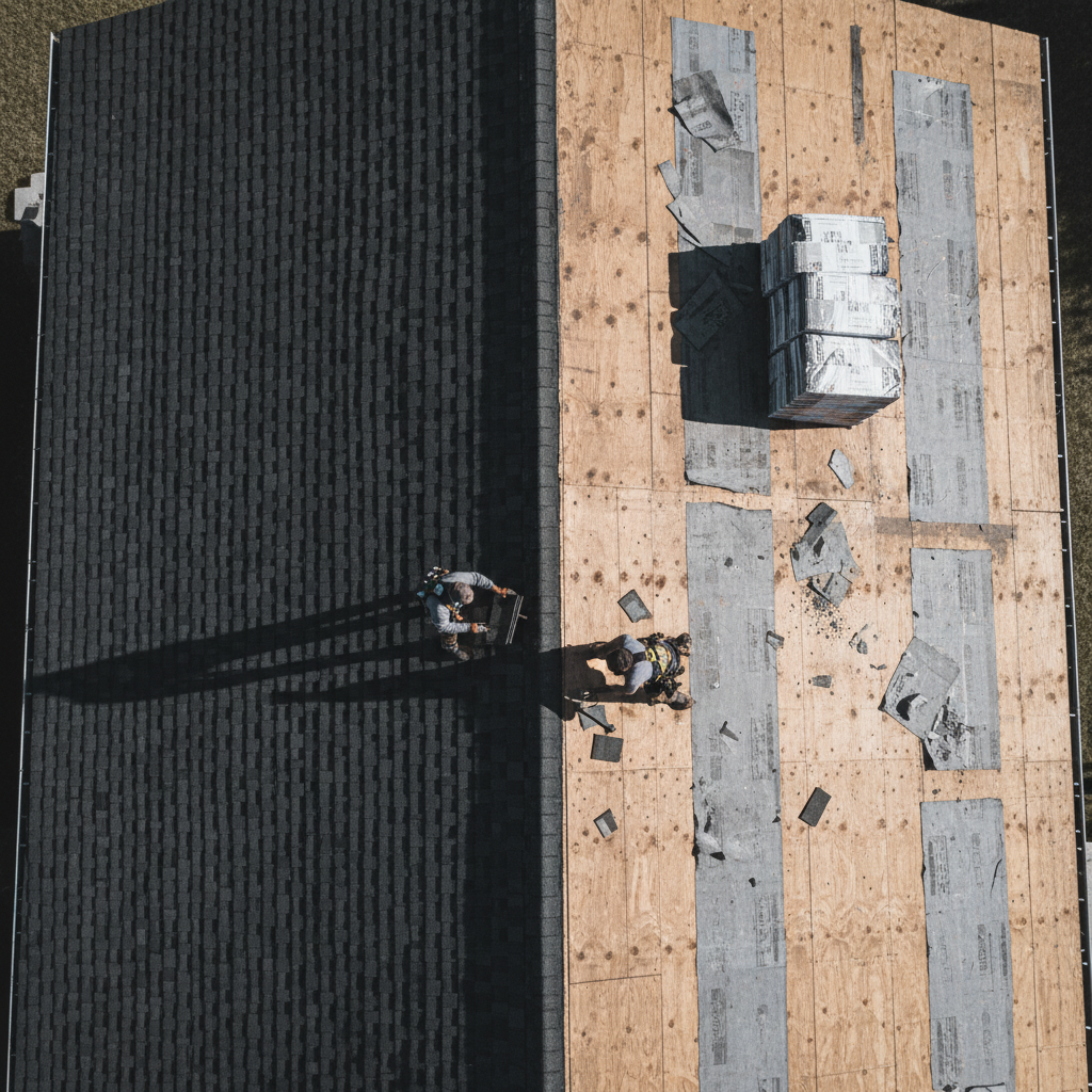 Aerial documentary photograph of a roofing crew tearing off and replacing a residential roof, mid-job, half new shingles half old